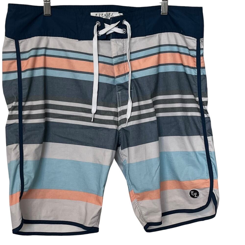 EZEKIEL SWIM TRUNKS, ADJUSTABLE, POCKET, MENS, 36, NAVY & LT BLUE ORANGE STRIPES